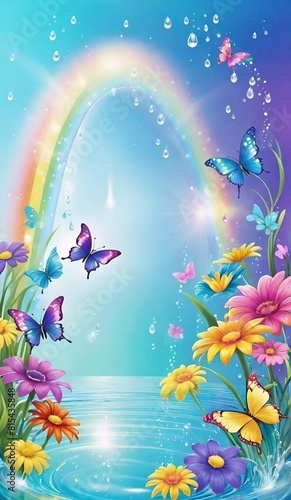 rainbow, butterflies, and flowers