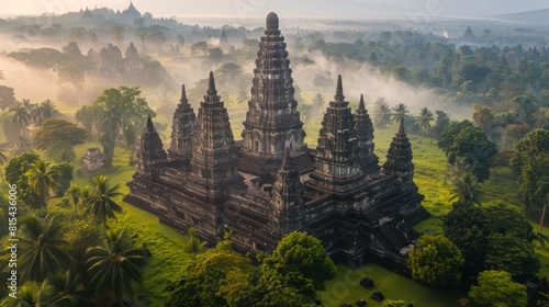 Aerial view of the Prambanan Temple in Indonesia  showcasing the Hindu temple complex with its towering spires surrounded by lush green landscape.     