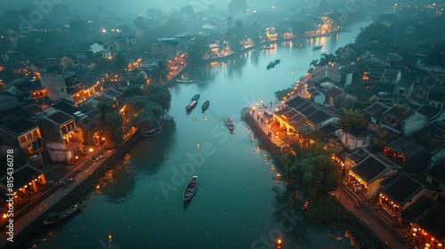 Aerial view of the Hoi An Ancient Town in Vietnam, with its well-preserved historic architecture and lantern-lit streets along the Thu Bon River.      photo