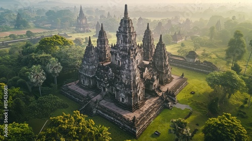 Aerial view of the Prambanan Temple in Indonesia, showcasing the Hindu temple complex with its towering spires surrounded by lush green landscape.      photo