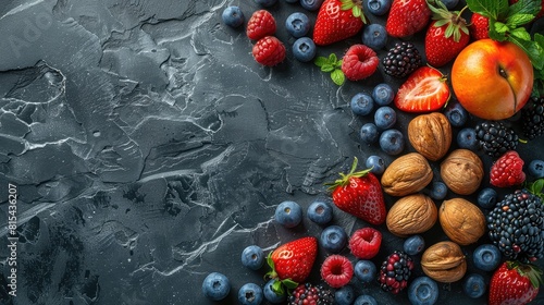 Various fresh berries on dark background, top view. Healthy food concept. Copy space.