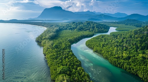 Aerial view of the Bako National Park in Malaysia, featuring its rugged coastline, lush mangrove forests, and diverse wildlife.      photo