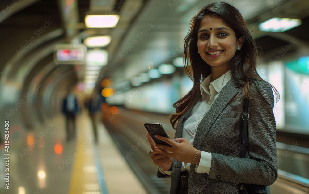 Young businesswoman standing on metro station and holding smartphone