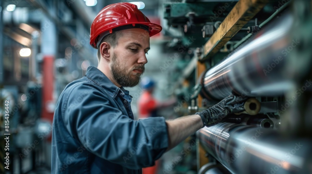 A mechanic aligning the rollers in a paper manufacturing machine.