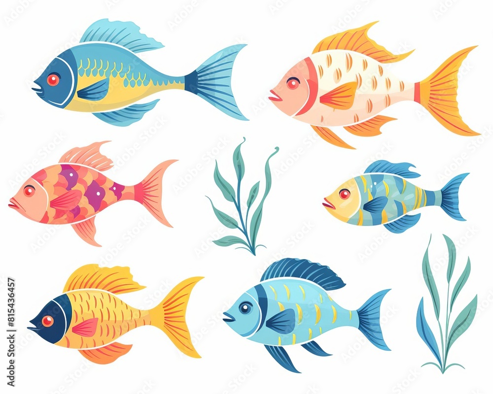 Naklejka premium Fish species flat design side view tropical waters theme cartoon drawing Analogous Color Schem