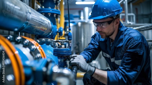 A mechanic calibrating a high-capacity pump in a municipal water treatment plant. photo