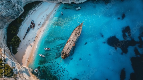 Aerial view of the Navagio Beach (Shipwreck Beach) in Zakynthos, Greece, featuring the iconic shipwreck, white sandy beach, and clear blue waters. 