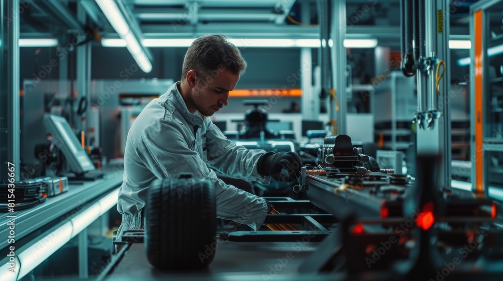 A mechanic adjusting the tension in a high-performance automotive testing rig. A mechanic adjusting the tension in a high-performance automotive testing rig.