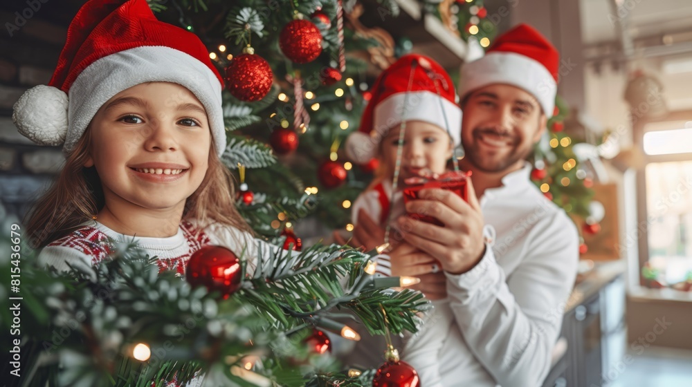 A man and a young girl stand before a lit Christmas tree, smiling at a cell phone A man and a young girl stand before a lit Christmas tree, smiling at a cell phone