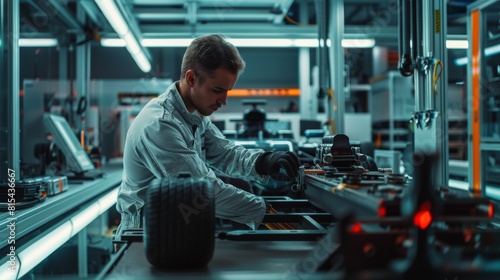 A mechanic adjusting the tension in a high-performance automotive testing rig.