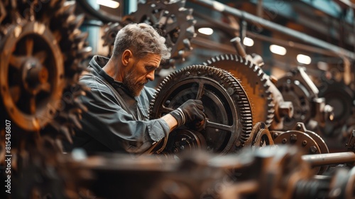 A mechanic adjusting the gears of a large mechanical clock in a manufacturing plant.