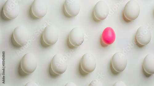 A pink egg is standing out among white eggs.