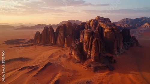 Aerial view of the Wadi Rum in Jordan, showcasing its vast desert landscape, dramatic rock formations, and the iconic Seven Pillars of Wisdom. 