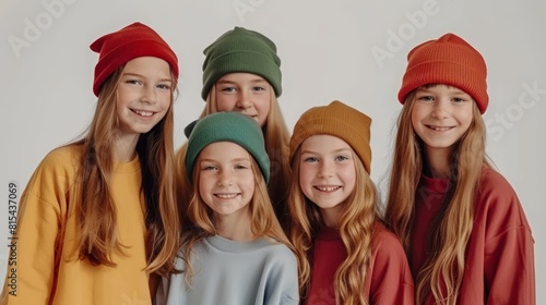  A group of young girls, all wearing beanies atop their heads, stand before a plain white backdrop © Mikus