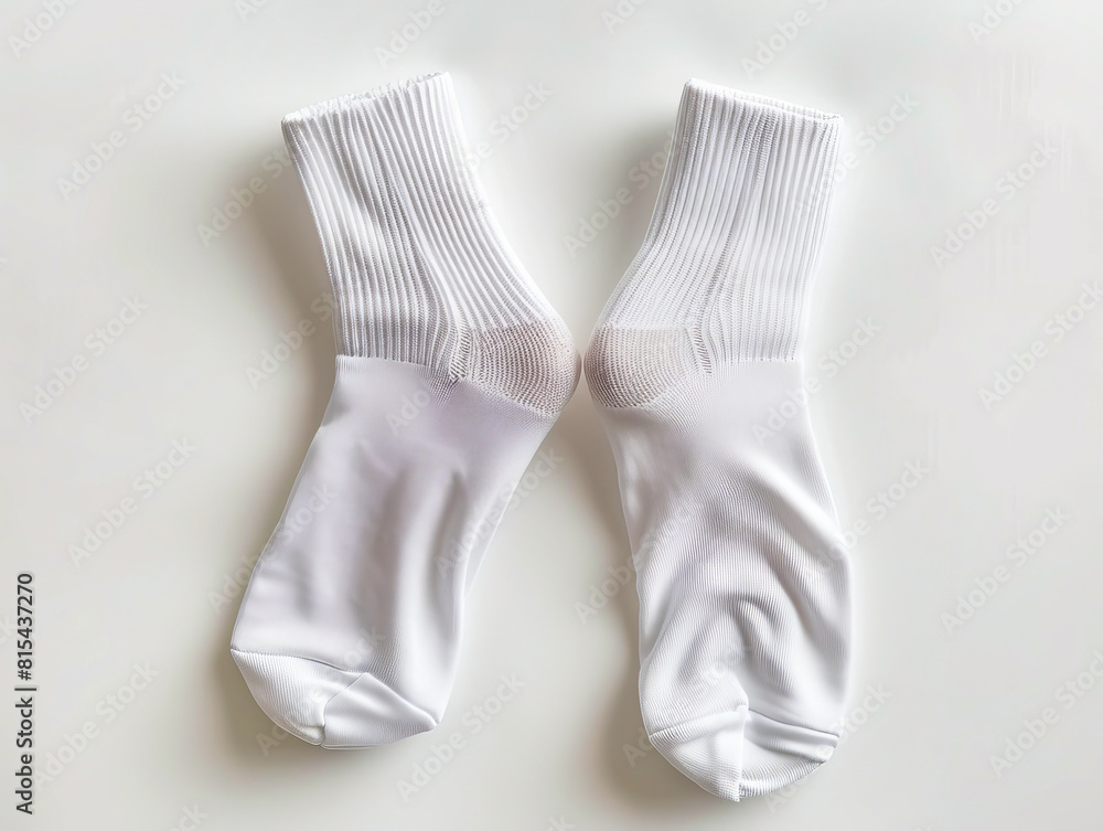 A pair of white socks on a white surface. A pair of white socks on a white surface.