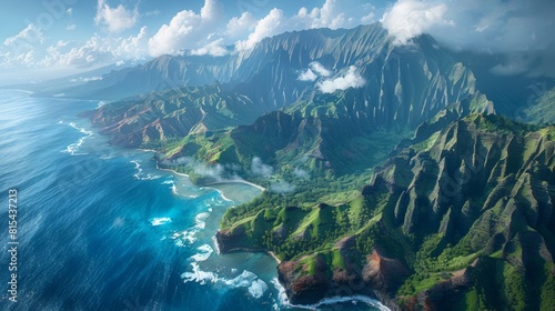 Aerial view of the Na Pali Coast in Hawaii, featuring the dramatic cliffs, lush green valleys, and the deep blue waters of the Pacific Ocean.     