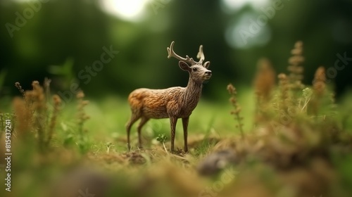 A Deer are feeding in the pasture, ultra realistic, ultra detailed, tilt-shift camera angle, 15mm lens © Imwanstock