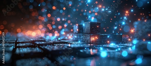 Black cube background with abstract technology blue light. 3d rendering