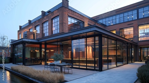 A hybrid office structure combining traditional brick with modern glass extensions.