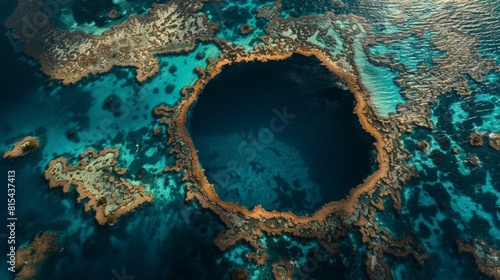 Aerial view of the Blue Hole in Belize, showcasing the deep blue circular sinkhole surrounded by vibrant coral reefs and turquoise waters.      photo