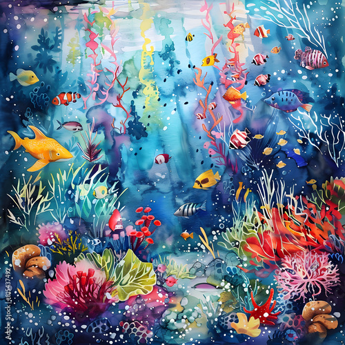 Watercolor undersea world with marine life and coral reefs