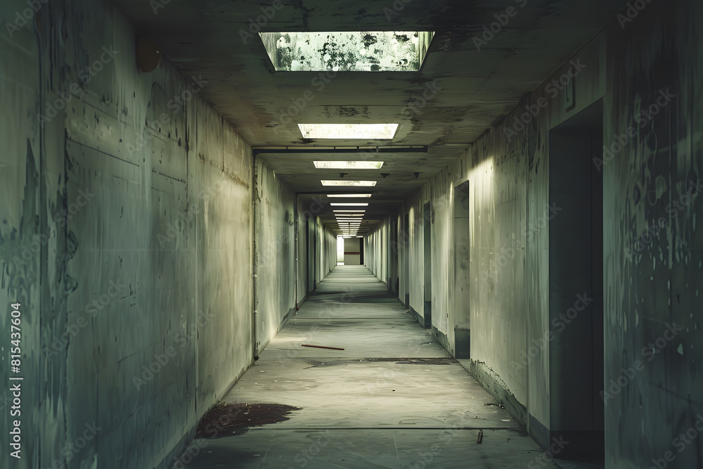 Abandoned building corridor with moody lighting