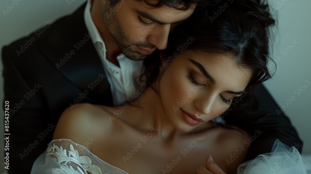 A man in a tuxedo and a woman in a wedding gown gaze at their interlinked rings A man in a tuxedo and a woman in a wedding gown gaze at their interlinked rings