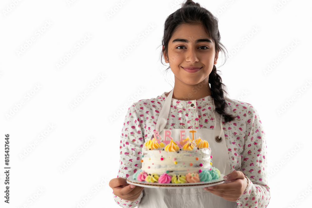 female chef holding cake in hand female chef holding cake in hand