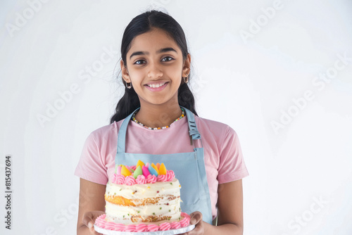female chef holding cake in hand.
