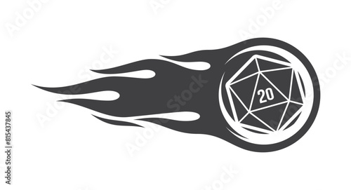 Vector line burning dice 20-sided fireball. Board Games. Isolated on white background.