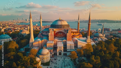 Aerial view of the Hagia Sophia in Istanbul, Turkey, with its massive dome and minarets set against the backdrop of the city and Bosphorus Strait.      photo