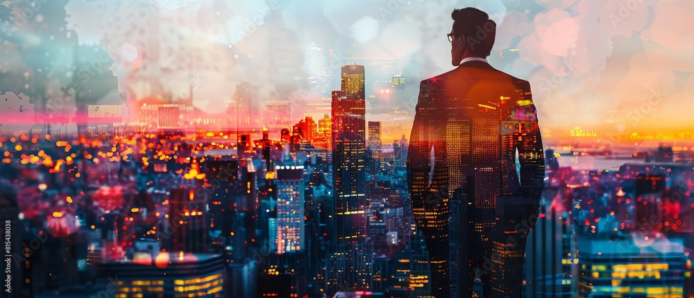 Fototapeta premium Executive in a suit negotiating a deal focus on vibrant manipulation with city skyline backdrop