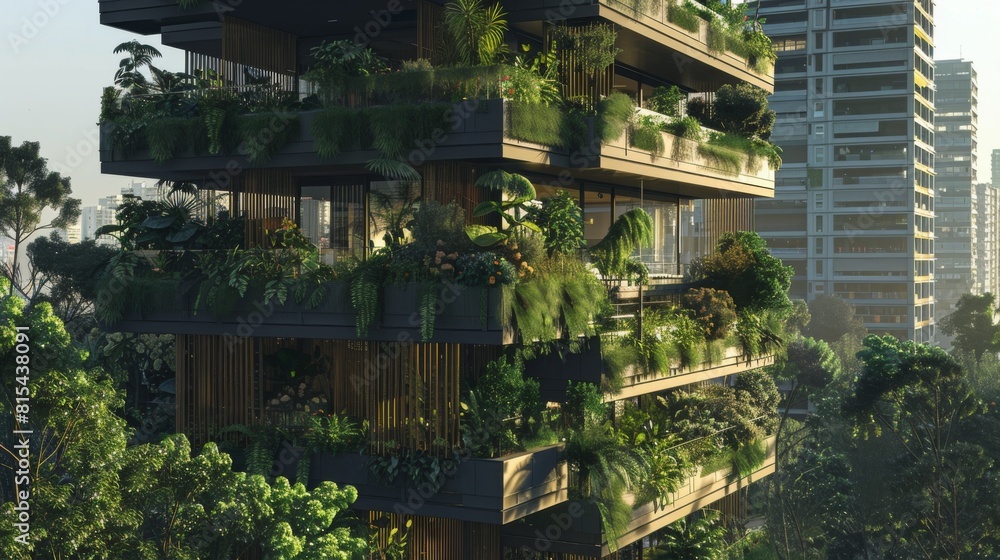 A high-rise office with balconies planted with trees and shrubs on every level. A high-rise office with balconies planted with trees and shrubs on every level.