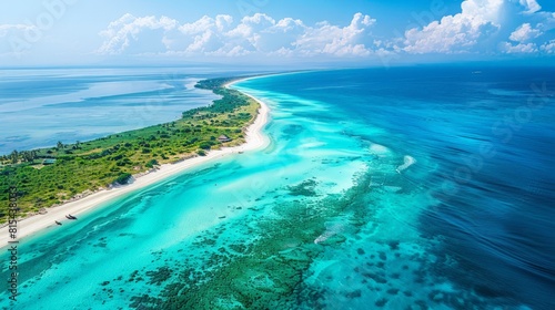 Aerial view of the Zanzibar Archipelago in Tanzania, featuring the stunning white sandy beaches, turquoise waters, and vibrant coral reefs. 