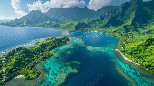 Aerial view of Bora Bora in French Polynesia  showcasing the iconic Mount Otemanu surrounded by clear blue waters and coral reefs.     