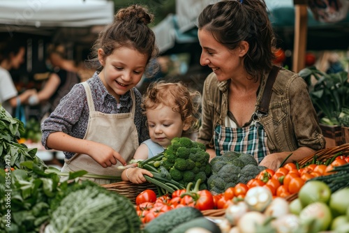 Mothers and child exploring a farmer's market, picking fresh produce and enjoying the vibrant atmosphere.