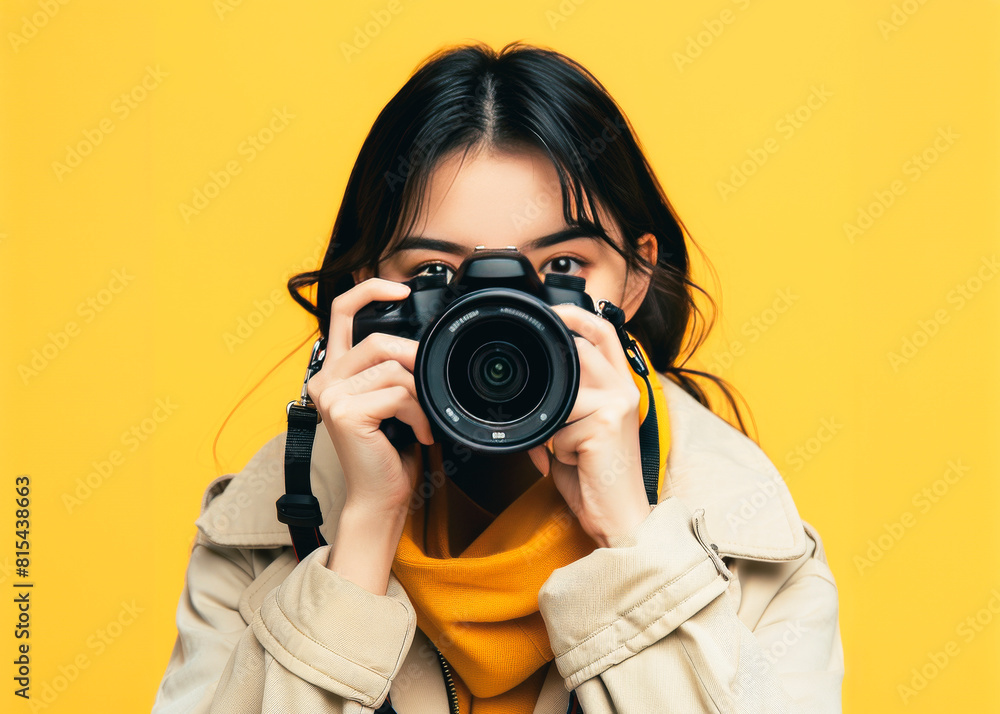 Female Photographer Aiming DSLR Camera. Female Photographer Aiming DSLR Camera.