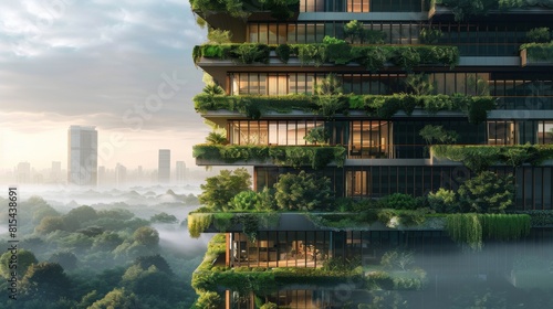 A high-rise office building with a fade featuring inset terraces covered in greenery. photo