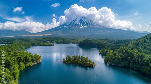 Aerial view of Mount Fuji in Japan  with its snow-capped peak and the serene Lake Kawaguchi reflecting the mountain.     