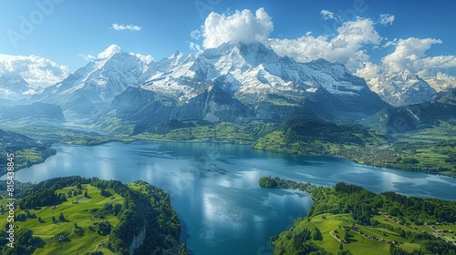 Aerial view of the Swiss Alps in Switzerland  showcasing the snow-covered peaks  lush green valleys  and charming alpine villages.     