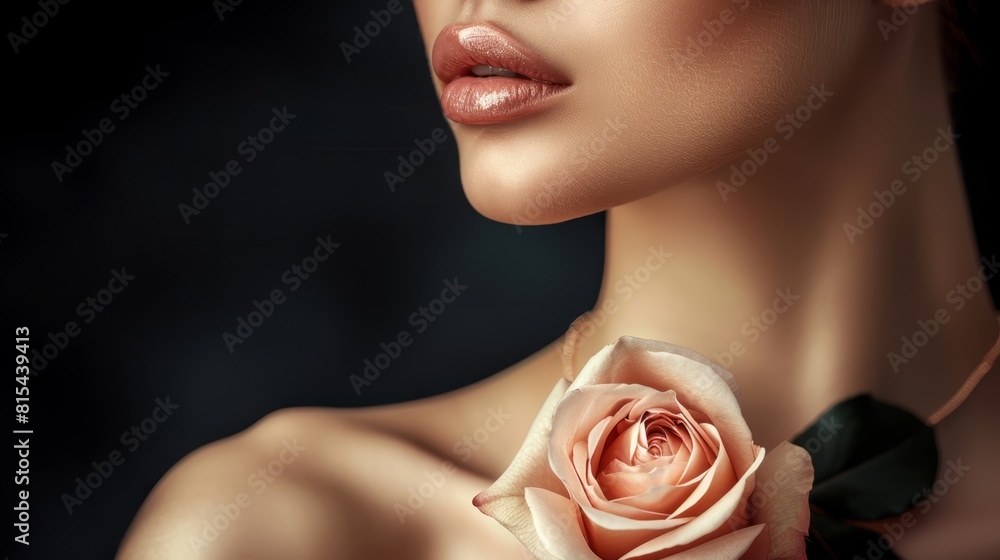 A women with a rose pressed against her neck and a necklace adorning it, set against a black backdrop A women with a rose pressed against her neck and a necklace adorning it, set against a black backdrop