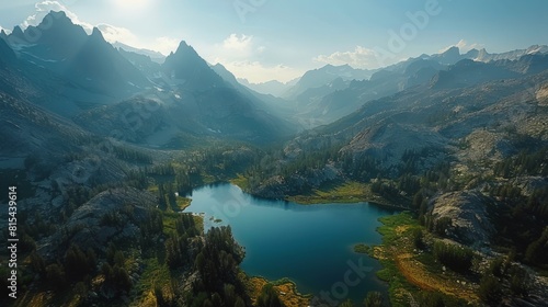 Aerial view of the Sierra Nevada Mountains in California  USA  showcasing the dramatic peaks  alpine lakes  and lush forests.     