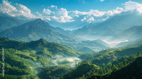 Aerial view of the Himalayas in Bhutan  featuring the towering peaks  lush valleys  and traditional monasteries.     