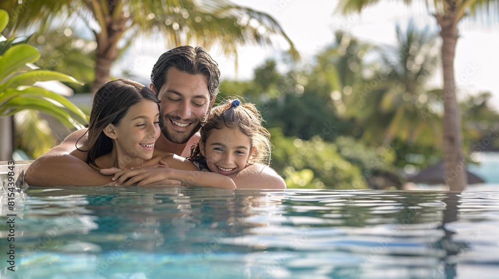 Fototapeta premium A family consisting of parents and children are enjoying a swim in a resort pool