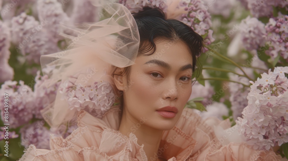 A woman in a veil stands amidst a purple flower field, lilacs comprising the background A woman in a veil stands amidst a purple flower field, lilacs comprising the background