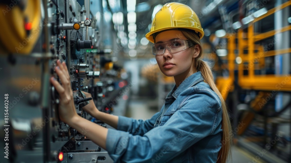 A female engineer operating a panel that controls multiple factory machines. A female engineer operating a panel that controls multiple factory machines.