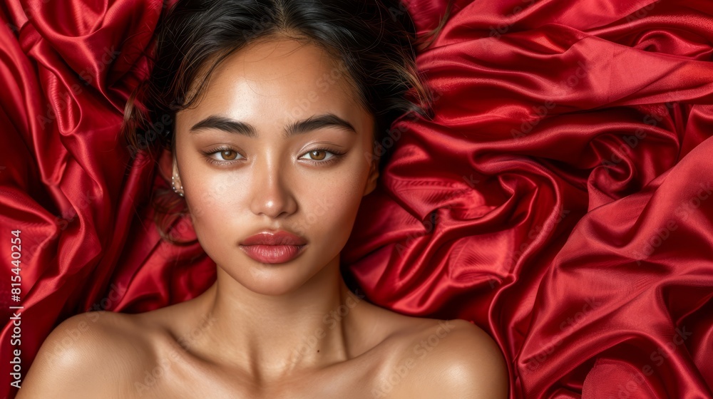  A lovely young woman reclines on a red bed, its surface draped in a red satin sheet Her eyes are peacefully closed