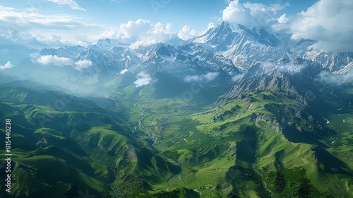 Aerial view of the Caucasus Mountains in Georgia and Russia, showcasing the towering peaks, deep valleys, and picturesque mountain villages.      © mozzang