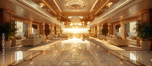 Opulent and Grandiose Interior of a Luxurious Superyacht Featuring Marble Floors Crystal Chandeliers and Lavish Furnishings for an Atmosphere of photo
