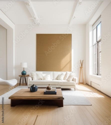 modern interior design  living room in New York loft apartment with large window and white walls  wooden floor